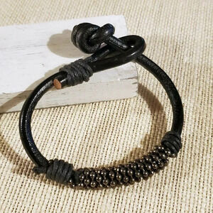 Thick Black Goat Leather Vintage India Hand Crafted Gunmetal Beads Bracelet